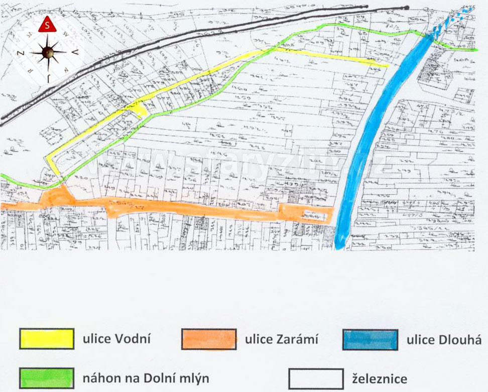 Situace katastrální mapy části Zlína ohraničené ulicemi Vodní, Zarámí a ulicí Dlouhou, Zlín
